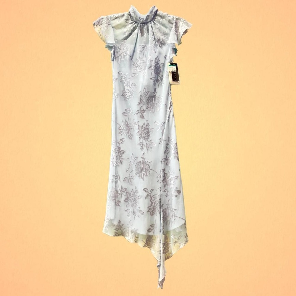 High Neck Handkerchief Hem Blue Gray Floral Chiffon Midi Dress Fairycore Size S